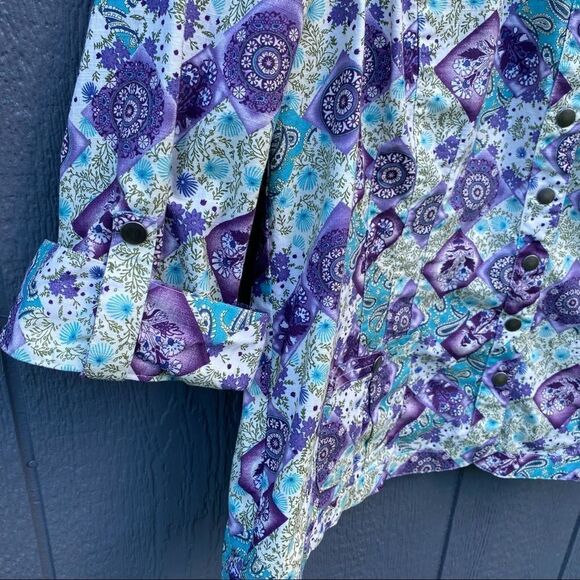 CJ Banks Purple Olive Turquoise Floral Paisley Snap Front Jacket 2X - Picture 7 of 8